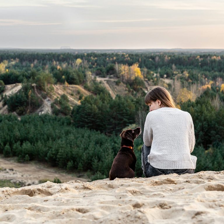 Eine Person sitzt mit einem Hund auf einer Sanddüne, sie schauen sich an.